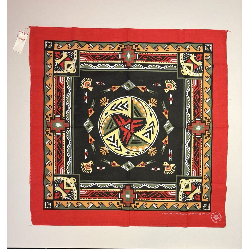 New Wamcraft SouthWestern Eagle Bandana Native Aztec Print Red USA Cotton Vtg